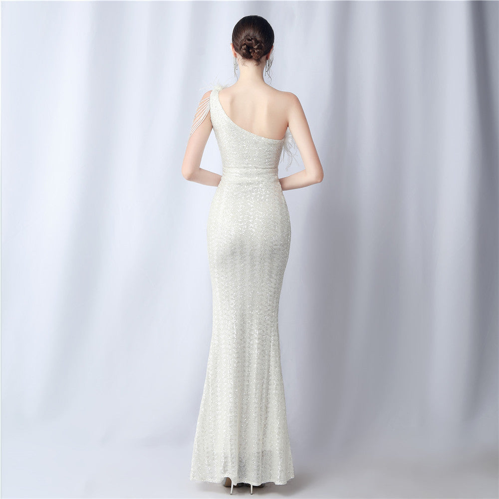 ダチョウの毛皮のイリュージョンビーズのフォーマルドレス