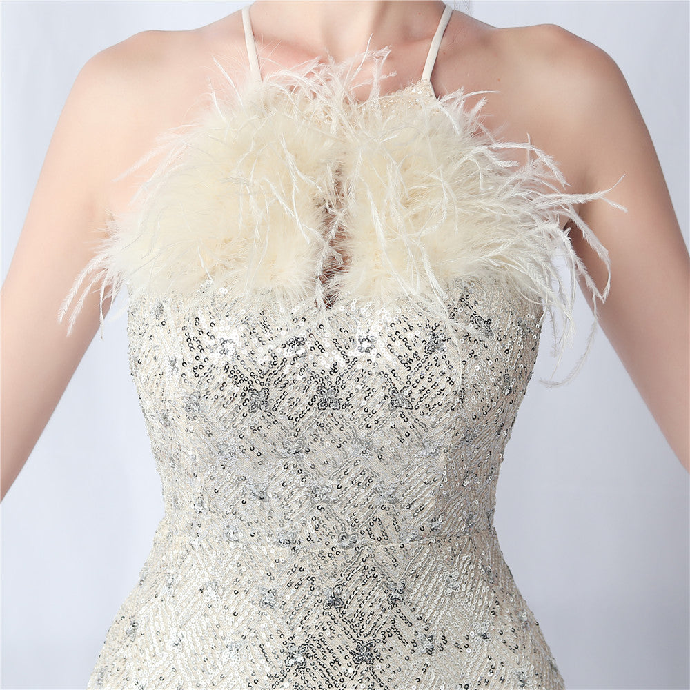 Camel hair and lattice beaded formal dresses