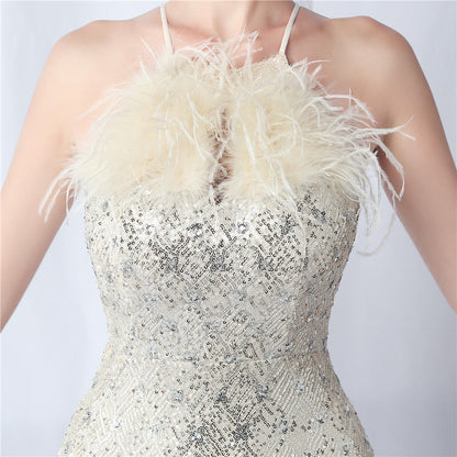 Camel hair and lattice beaded formal dresses