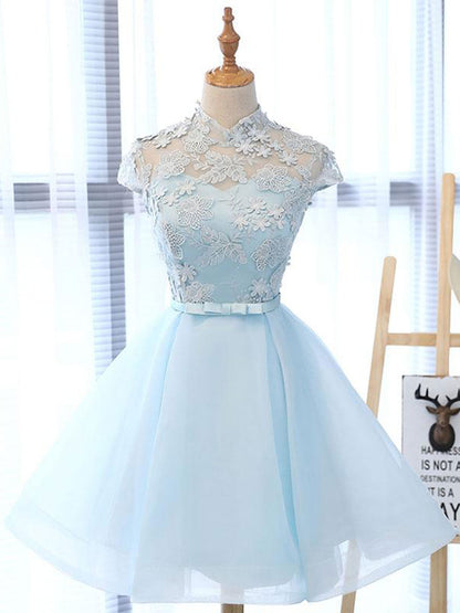 Blue high neck tulle lace Mini dress