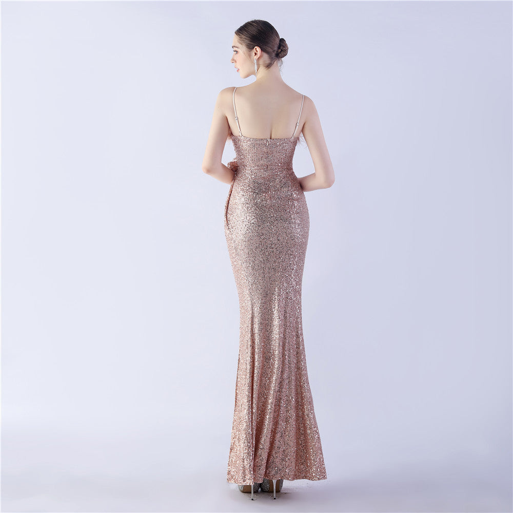 Fur Crafted Flower Formal Dress