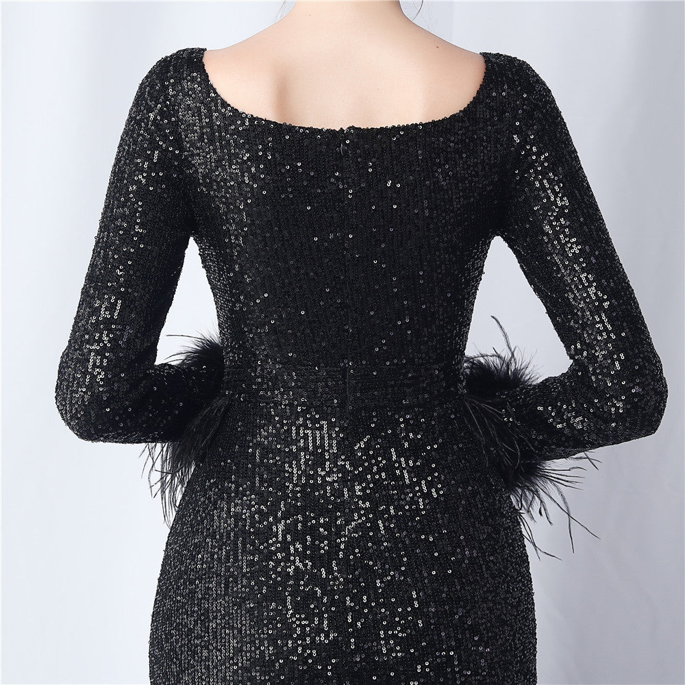 Ostrich Fur Long Sleeve Formal Dress