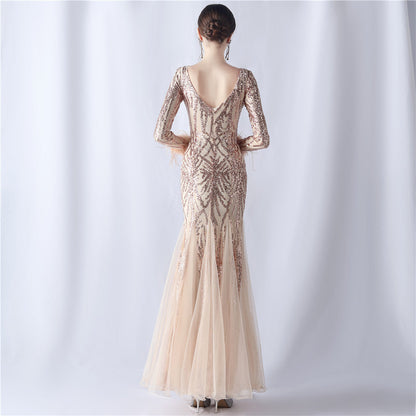 Ostrich Fur Mesh Beaded Formal Dresses