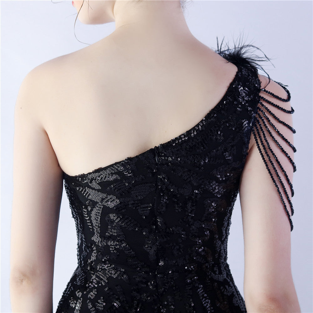 Fur Slant Neck One Shoulder Formal Dress