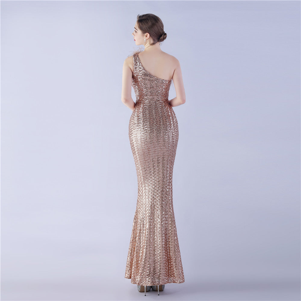 Ostrich Fur One-Shoulder Slant Neck Beaded Maxi Formal Dress