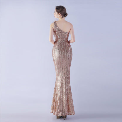Ostrich Fur One-Shoulder Slant Neck Beaded Maxi Formal Dress