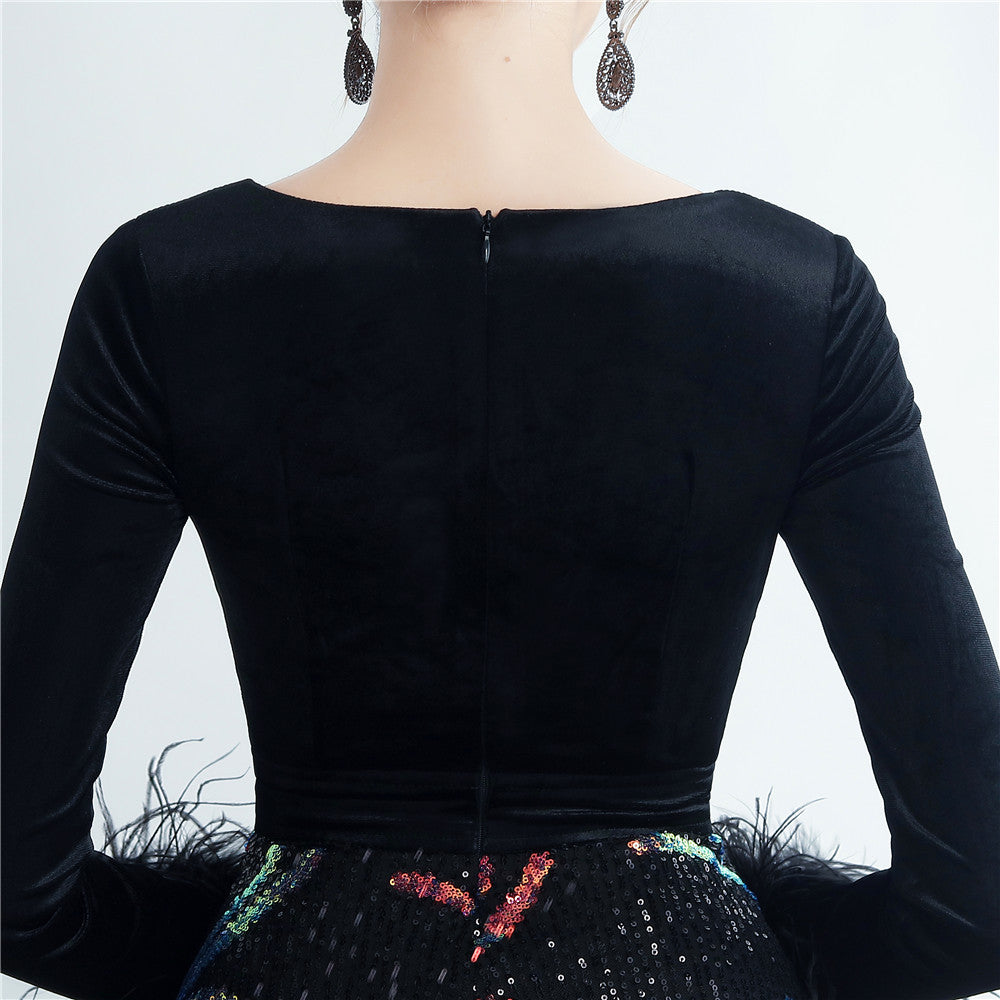 Ostrich Beaded Velvet Side Split Formal Dress