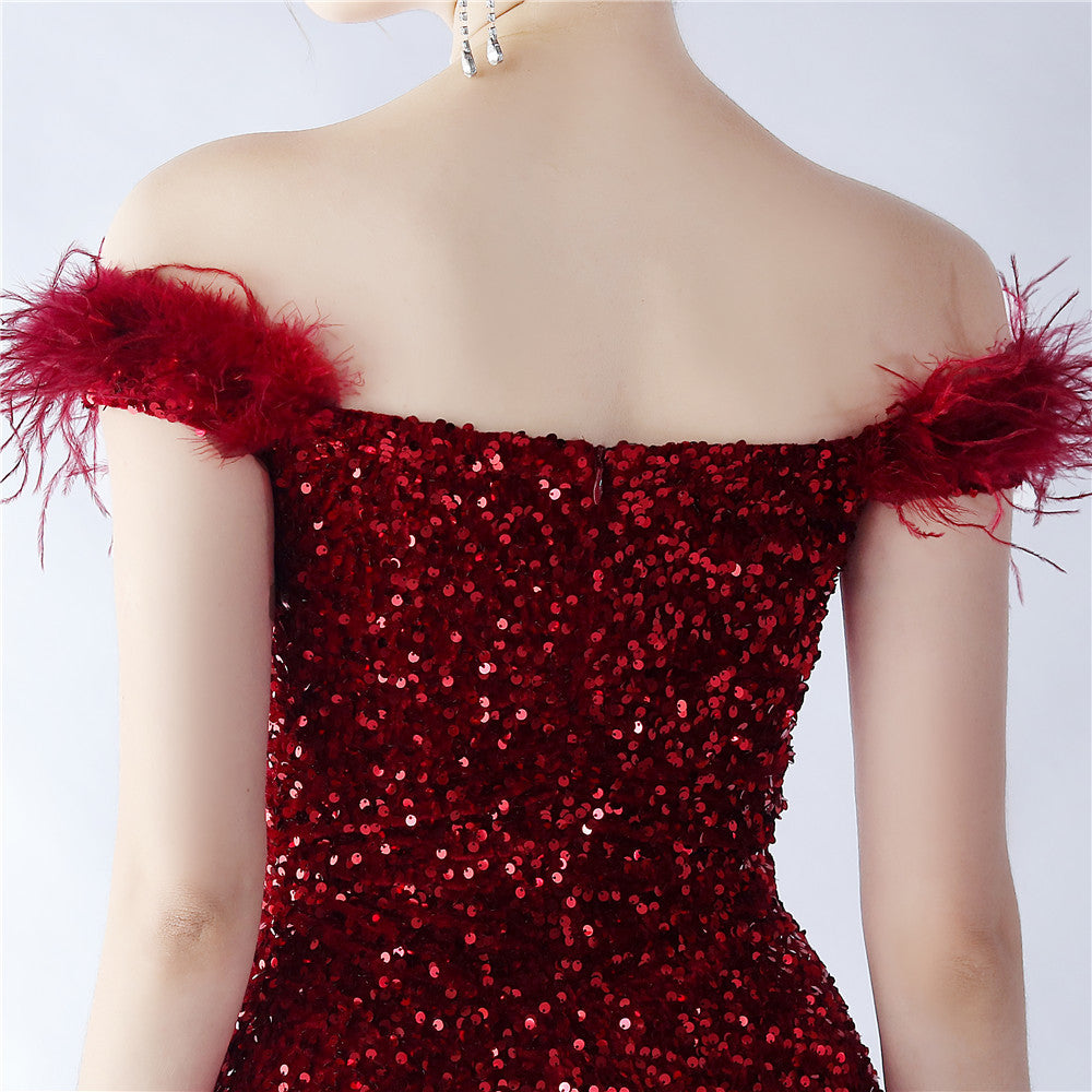 Fur One Shoulder Formal Dress