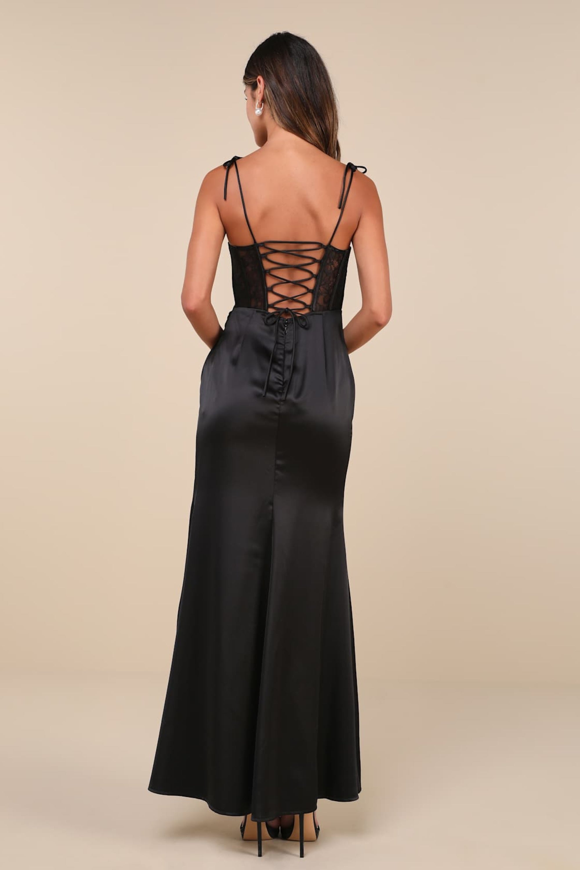 Aura Black Satin Lace Tie-Strap Bustier Maxi Dress