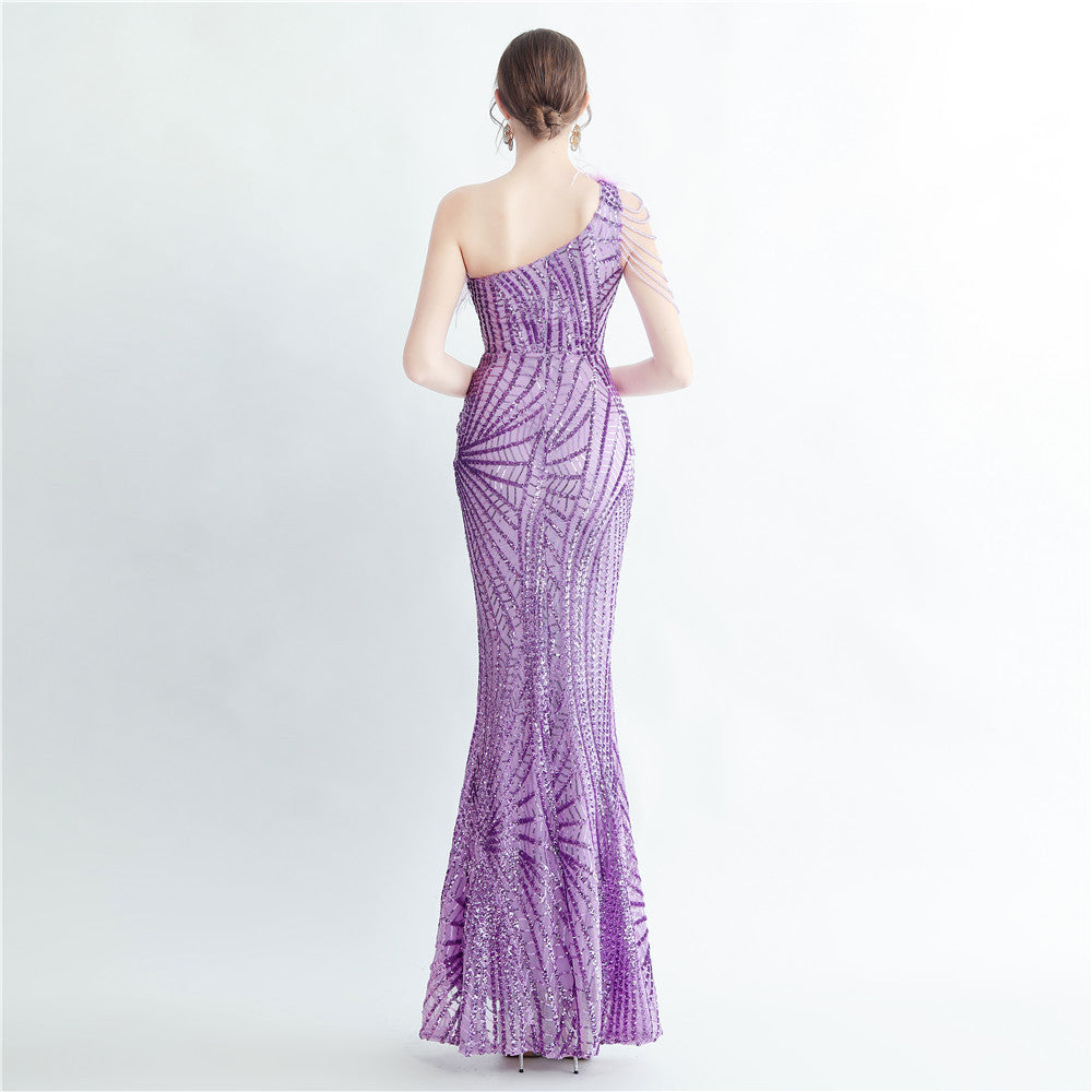 Fur Layered Beaded Formal Dress