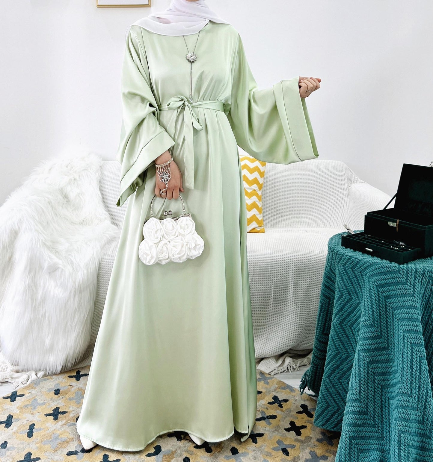 Satin Solid Color Abaya with Zip Pockets