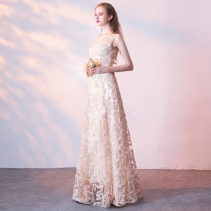 Queena Champagne elegant long evening gown suitable for banquets Maxi Dress