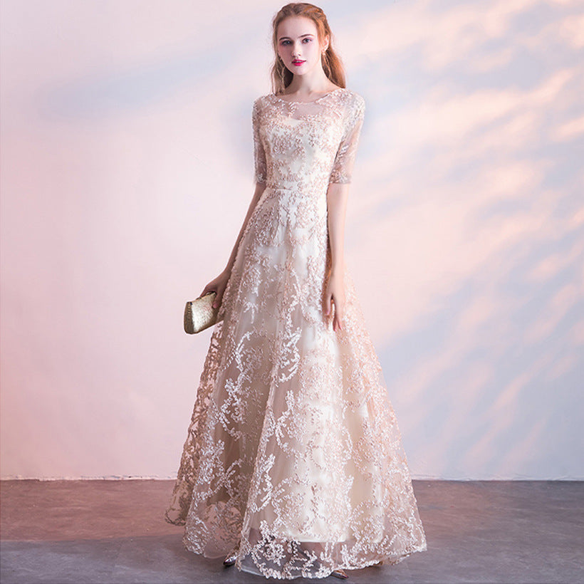 Queena Champagne elegant long evening gown suitable for banquets Maxi Dress