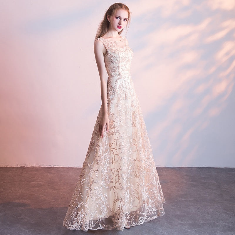 Queena Champagne elegant long evening gown suitable for banquets Maxi Dress