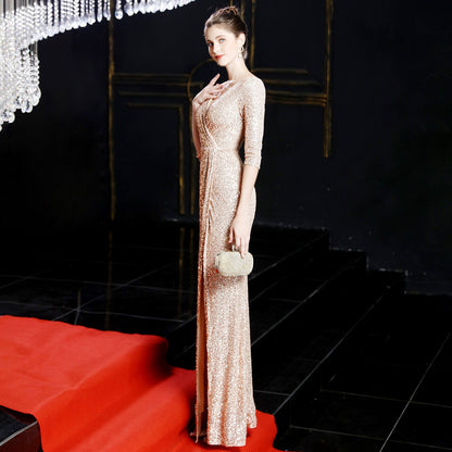Long Sleeve Sequin Fishtail Formal Dress