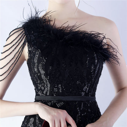 Fur Slant Neck One Shoulder Formal Dress