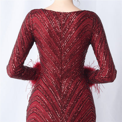Ostrich Fur Long Sleeve Formal Dress