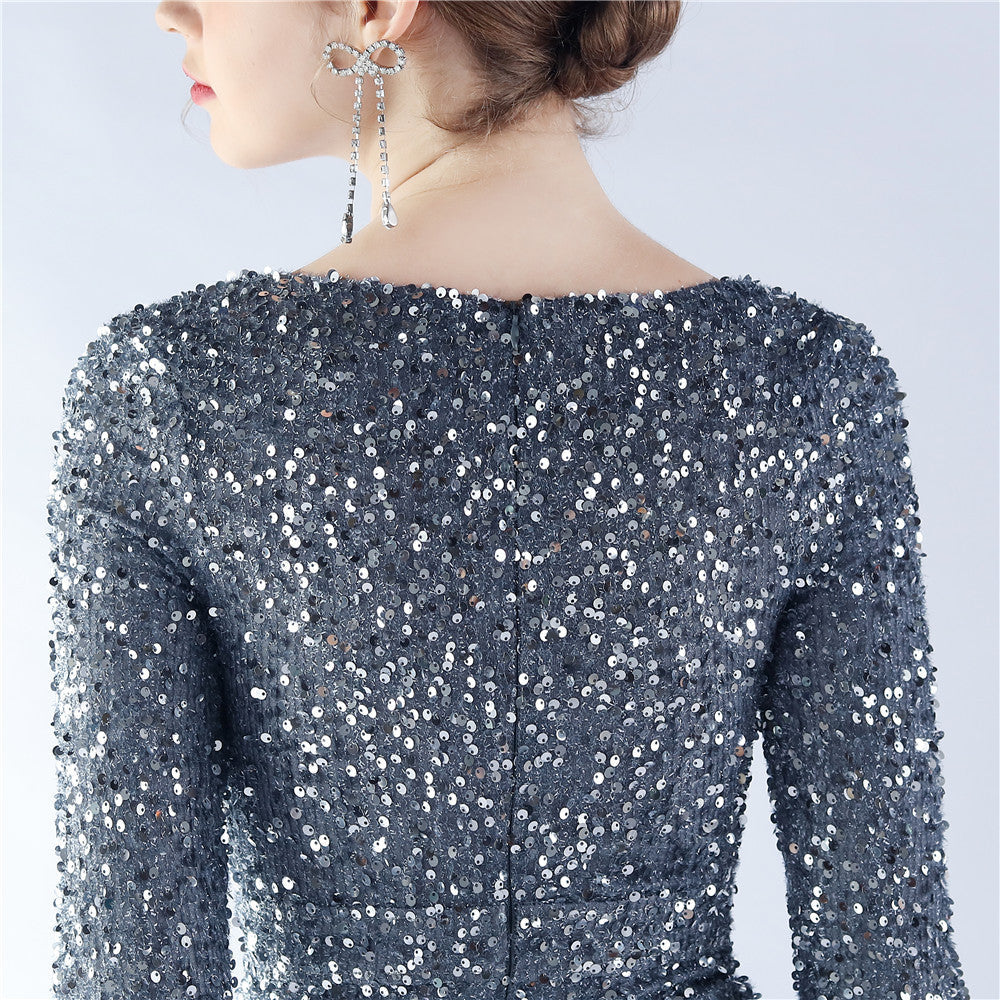 Ostrich Fur Long Sleeve Formal Dress