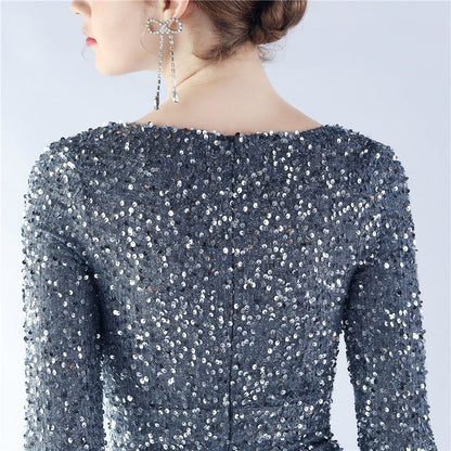 Ostrich Fur Long Sleeve Formal Dress