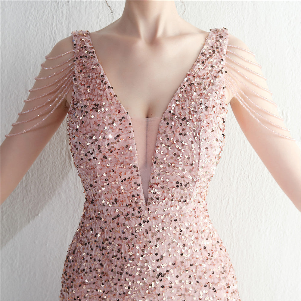 Backed Beaded Formal Dress