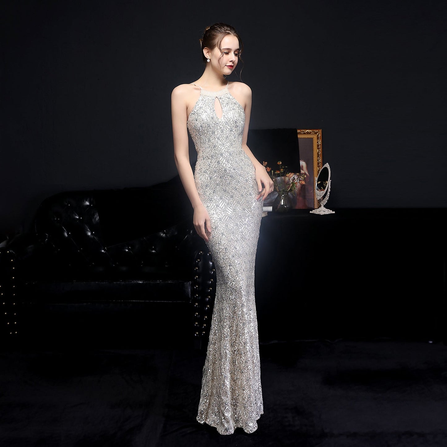 Long Neck Stapled Formal Dresses