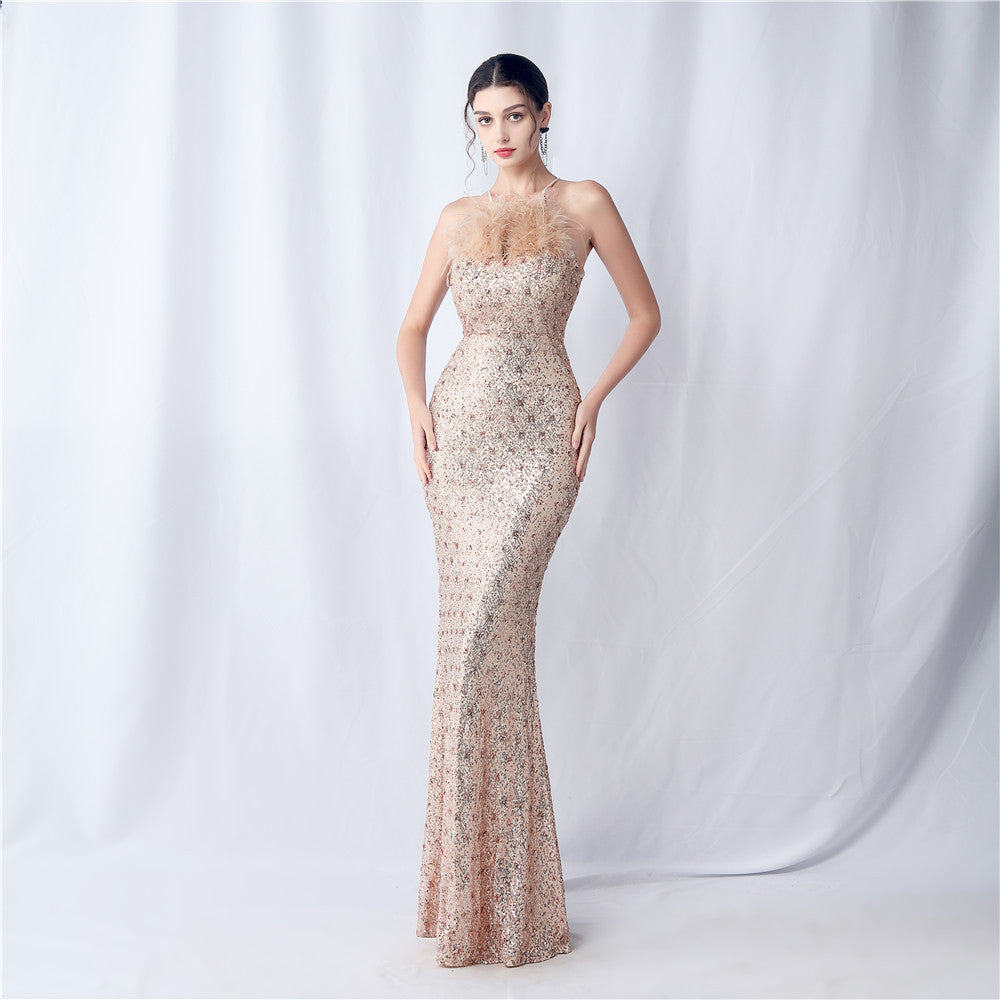 Camel hair and lattice beaded formal dresses