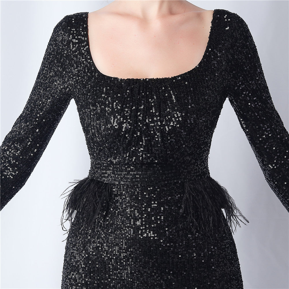 Ostrich Fur Long Sleeve Formal Dress