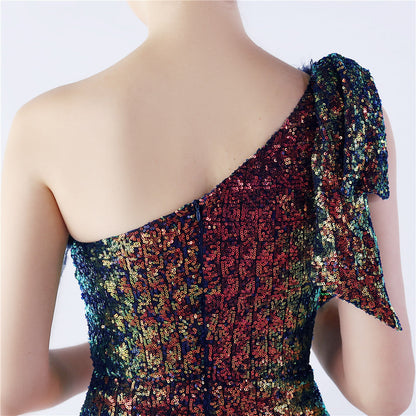 Fur Sequin One Shoulder Formal Dress