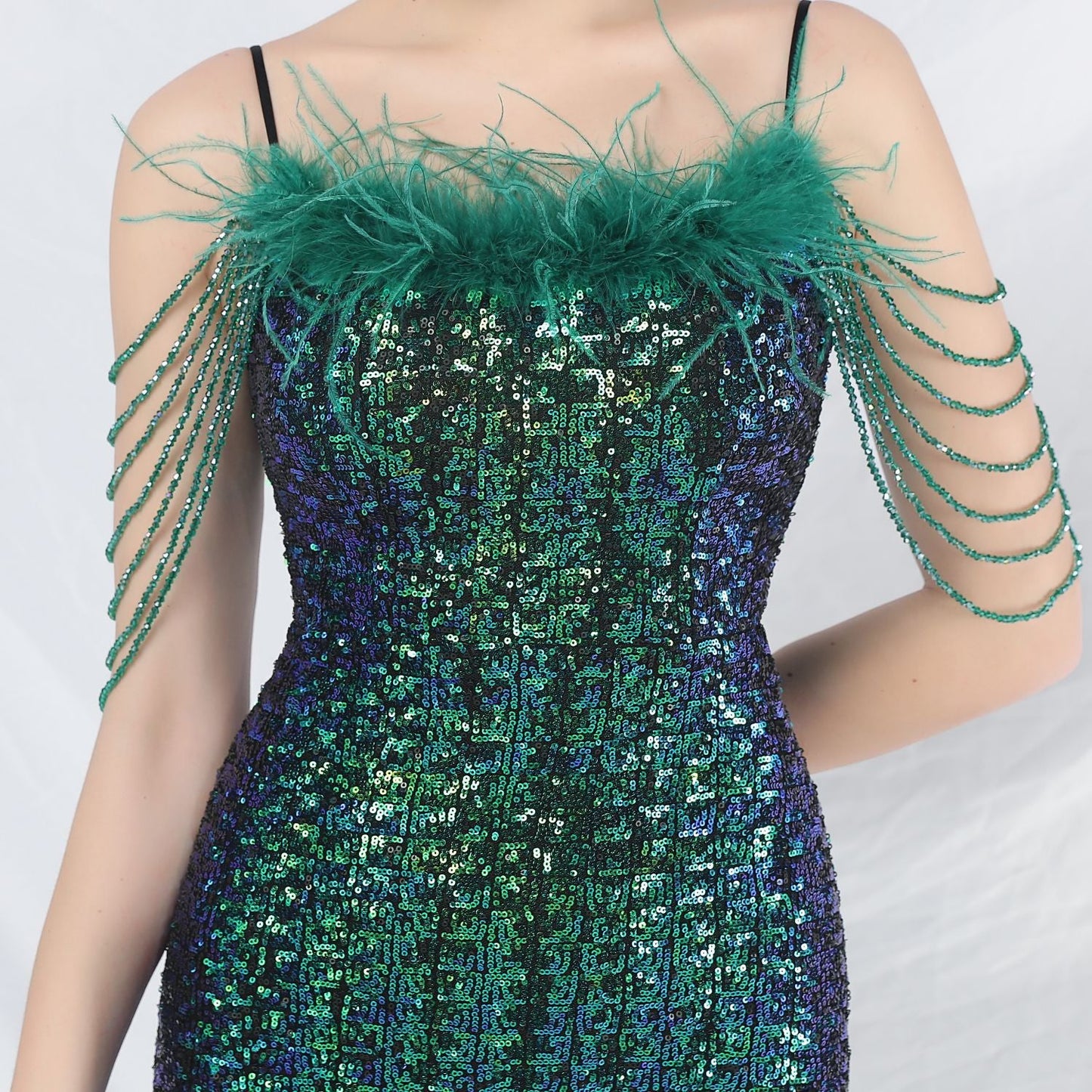 Ostrich Fur Illusion Beaded Formal Dress