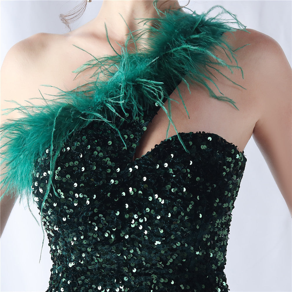 Ostrich Velvet Bottom One Shoulder Formal Dress