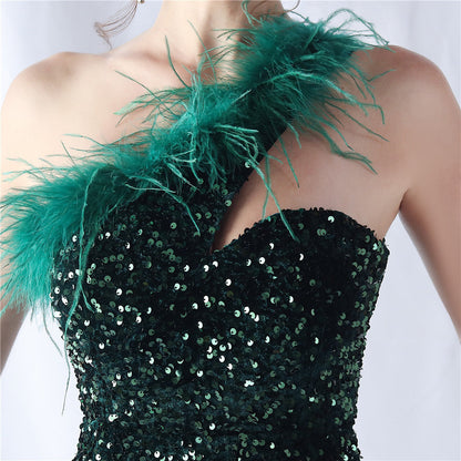 Ostrich Velvet Bottom One Shoulder Formal Dress
