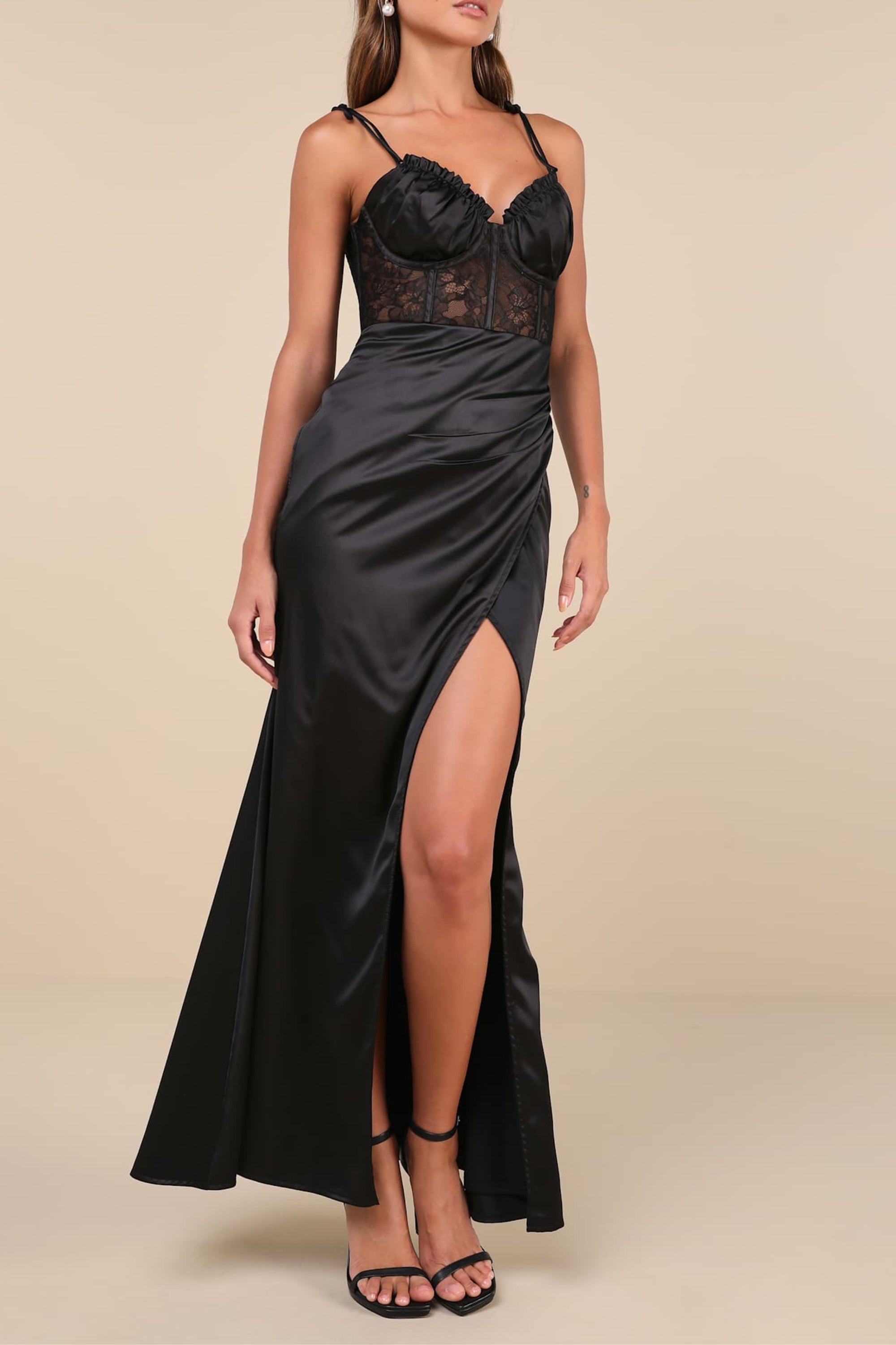Aura Black Satin Lace Tie-Strap Bustier Maxi Dress