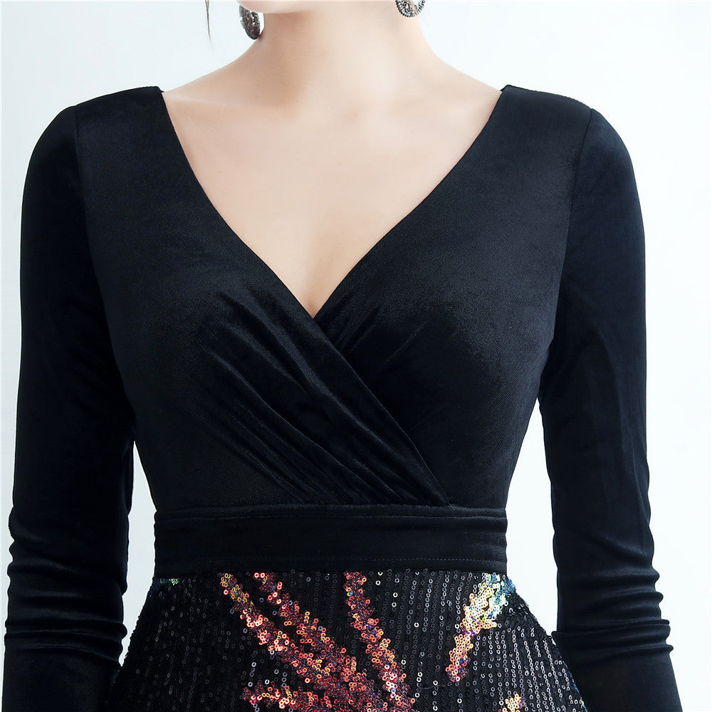 Ostrich Beaded Velvet Side Split Formal Dress