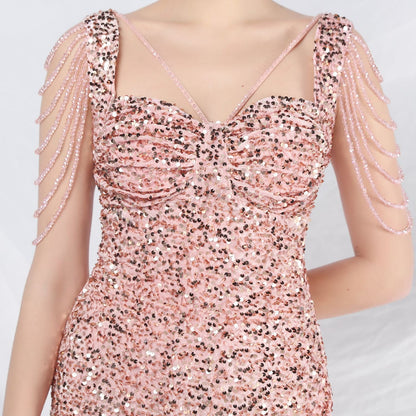 ベルベット裏地ビーズ付きフォーマルドレス