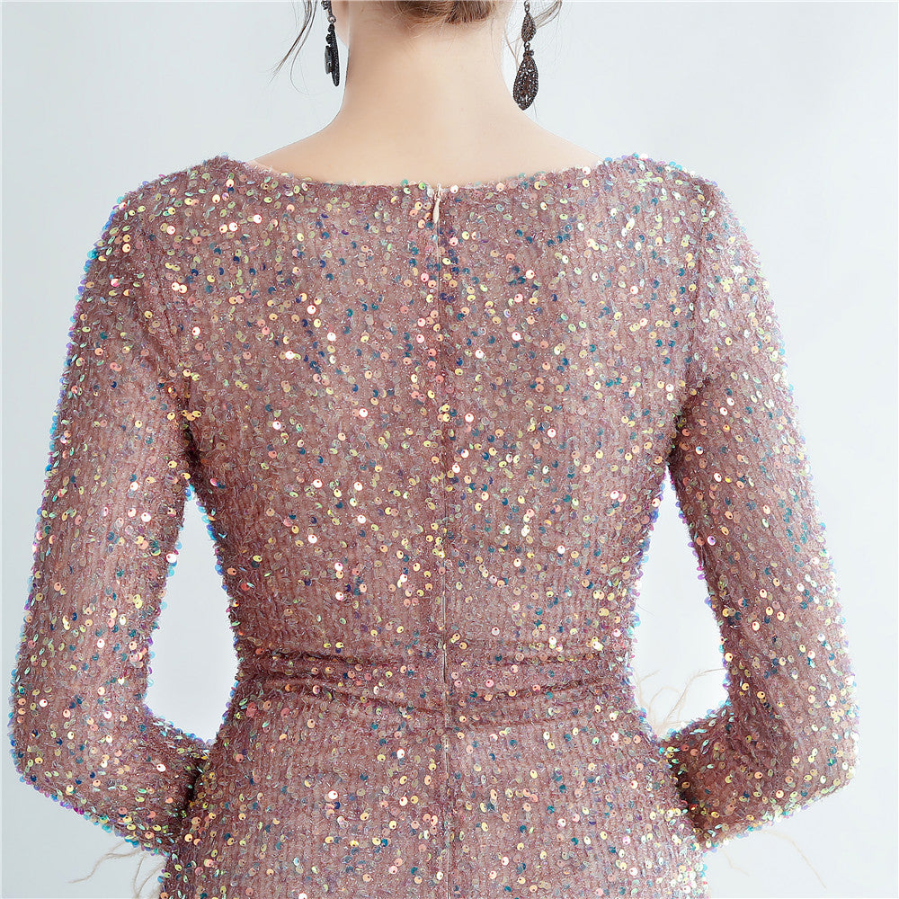 Split Long Sleeve Sequin Formal Dress