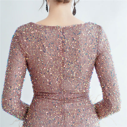 Split Long Sleeve Sequin Formal Dress