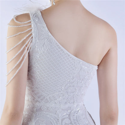 Beaded and Ostrich Fur Sequined Formal Dress