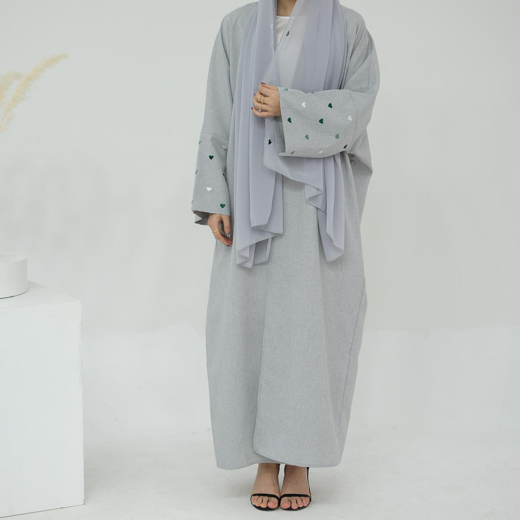 2pcs Set Heart Embroidered Cardigan Robe and Love Hijab