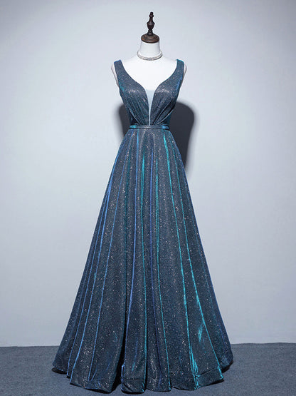 A-Line V Neck Satin Blue Dress
