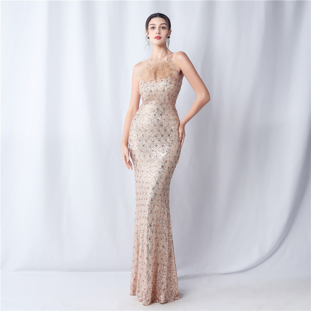 Camel hair and lattice beaded formal dresses