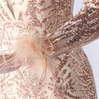 Ostrich Fur Mesh Beaded Formal Dresses