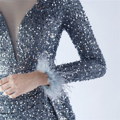 Ostrich Fur Long Sleeve Formal Dress