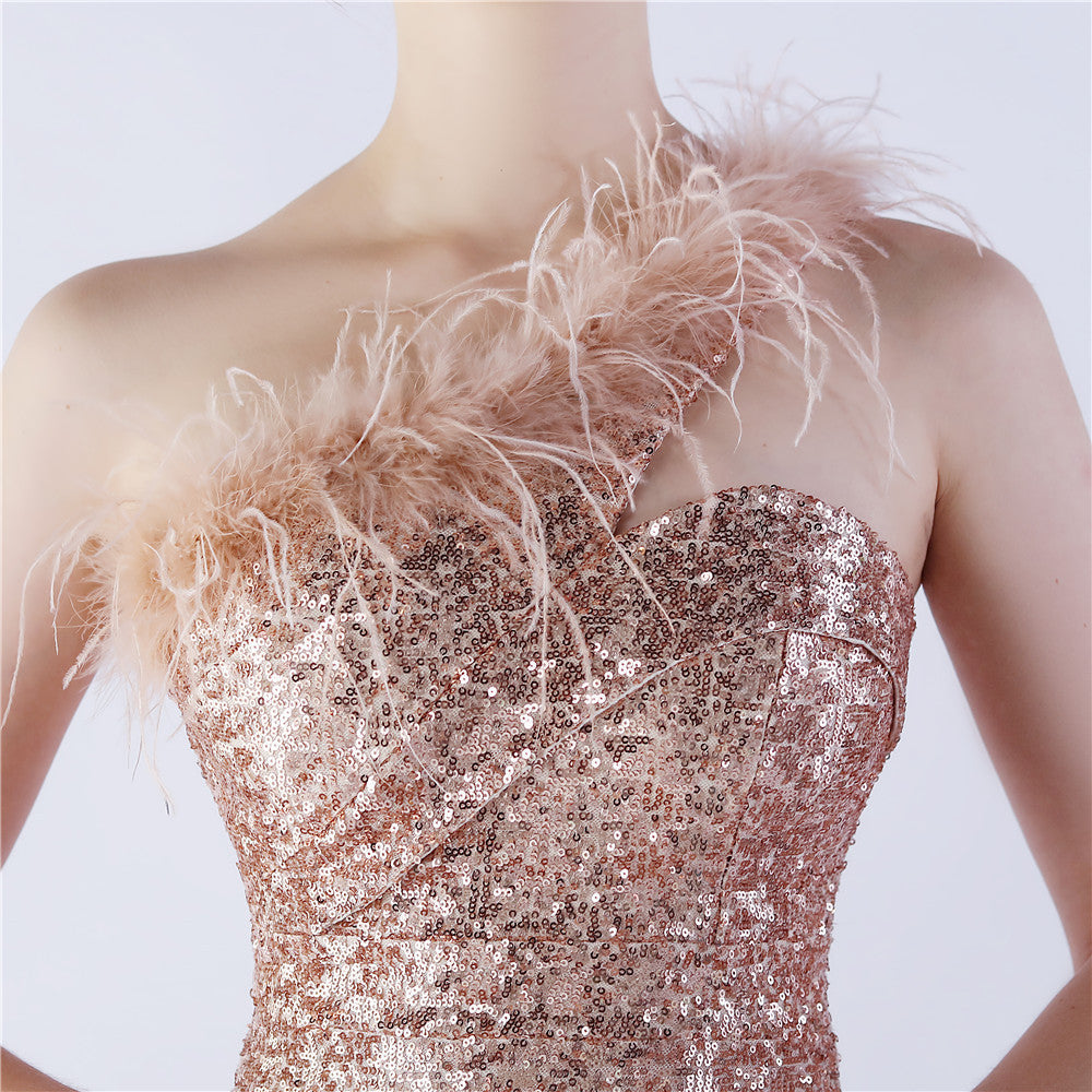 Ostrich Fur One-Shoulder Slant Neck Beaded Maxi Formal Dress