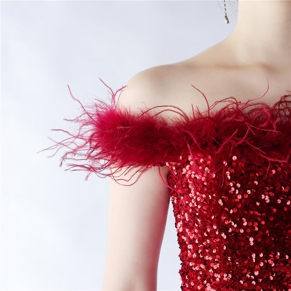 Fur One Shoulder Formal Dress