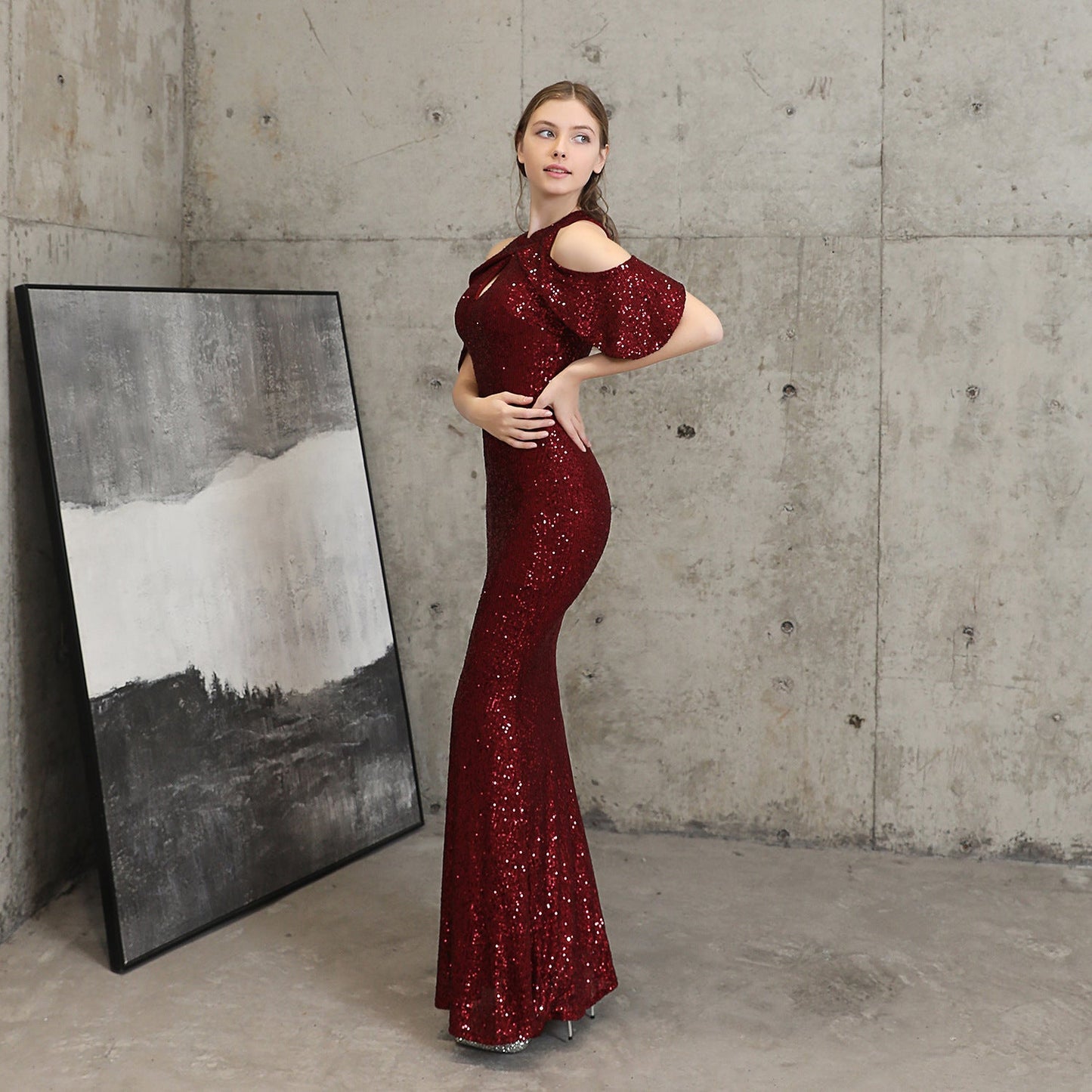 Short Sleeve Sequin Formal Dress