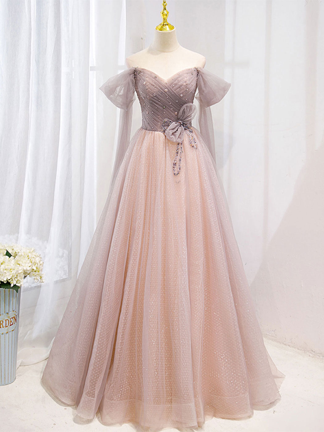 Pink tulle off shoulder dress