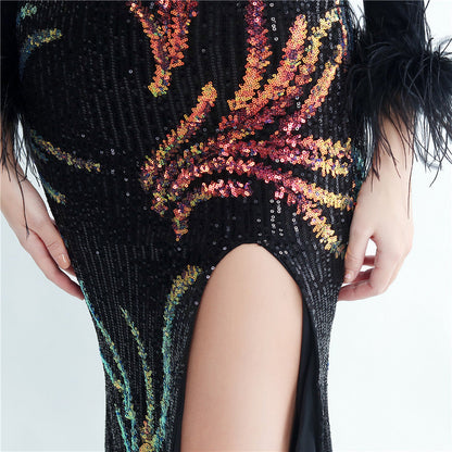 Ostrich Beaded Velvet Side Split Formal Dress