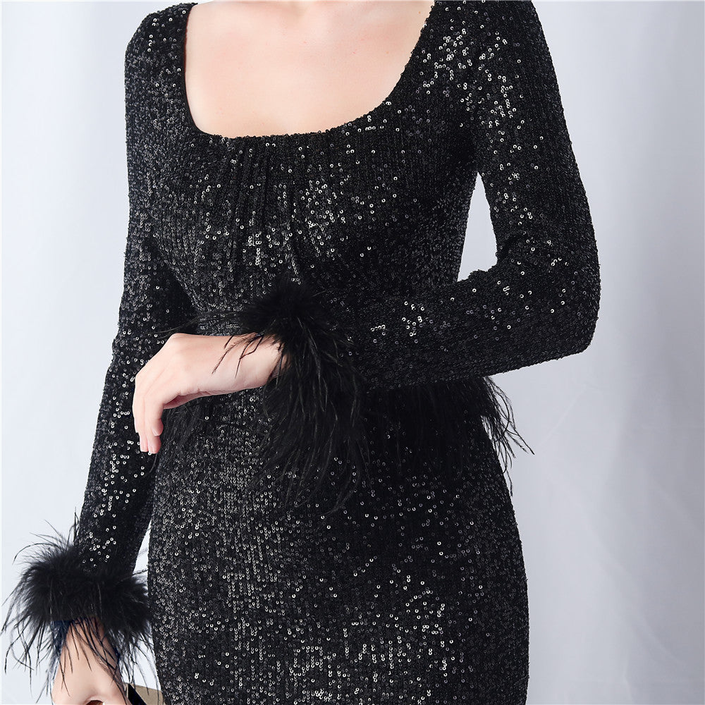 Ostrich Fur Long Sleeve Formal Dress