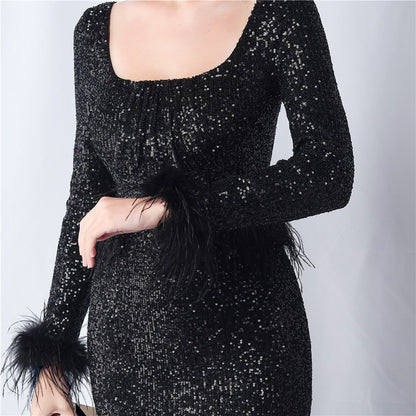 Ostrich Fur Long Sleeve Formal Dress