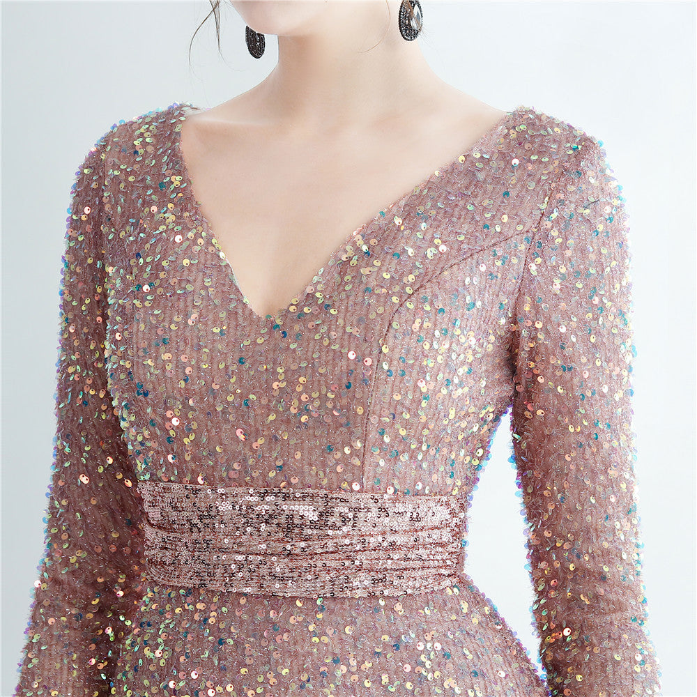 Split Long Sleeve Sequin Formal Dress